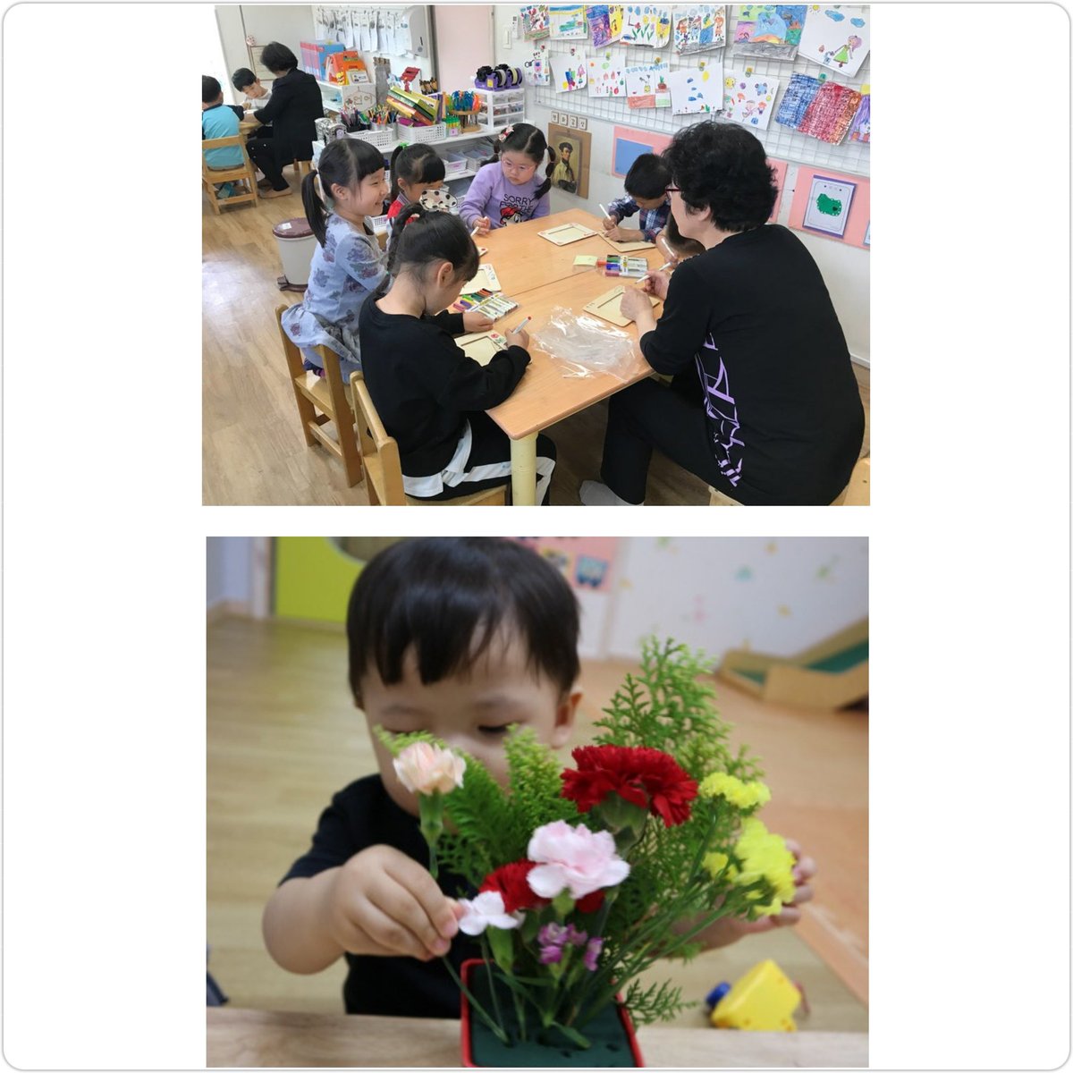 #성남시국공립양지어린이집 
가정의달 따뜻한 5월을 맞이하여 양지어린이집 친구들이 부모님을 사랑하는 마음을 가득 담은 카네이션 꽂꽂이 화분을 만들어 보았어요! 7세 무궁화반 친구들과 어르신이 함께만나 1,3세대 활동도 해보았는데요
어르신과 함께 첫 활동으로 액자 만들기 활동을 해보았답니다