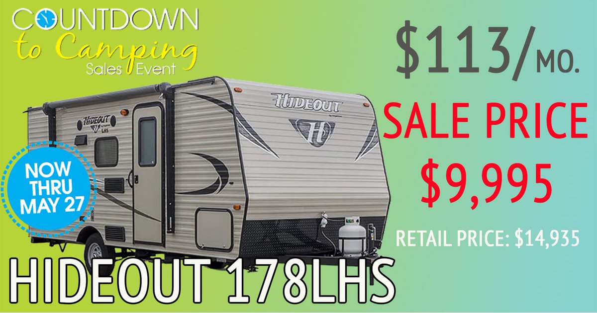 walnutridgeRV's tweet photo. To celebrate our Countdown to Camping event we have some great deals running. Check out this Hideout 178LHS for $9,995.

#camping #walnutridgerv

https://t.co/q1z5pqdiGR https://t.co/oBaAA88vCB