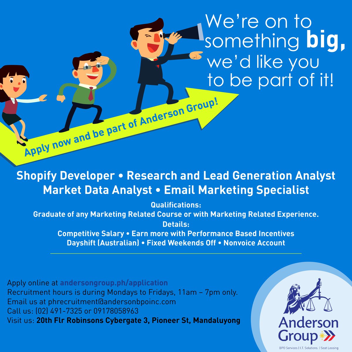 AndersonGroupPH's tweet photo. Updated list of openings: Be a part of our globally-competitive team! Experience the #AndersonDifference
Email your resume at phrecruitment@andersonbpoinc.com and tag someone who is also looking for a change in career.
#jobfair #jobhiring #recruitment #hiring #bpo https://t.co/GufrfcK3Sp