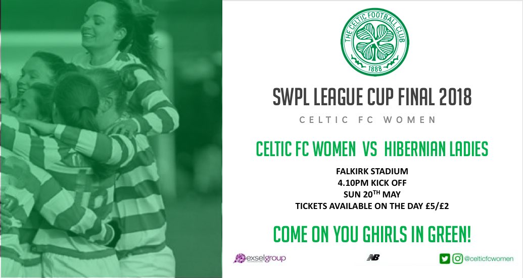 CelticFCWomen's tweet photo. #SWPLCup | The Hoops are in Cup Final action this Sunday as the first trophy of 2018 is up for grabs 🏆 

🍀 Celtic v Hibs
🏆 SWPL League Cup Final
🏟 Falkirk Stadium
📅 Sun 20th May
⏱ 4.10pm kick off
💷 £5/2
#️⃣ #CELHIB
🌞.... Hopefully 

#COYGIG https://t.co/y9J7uxBfXR