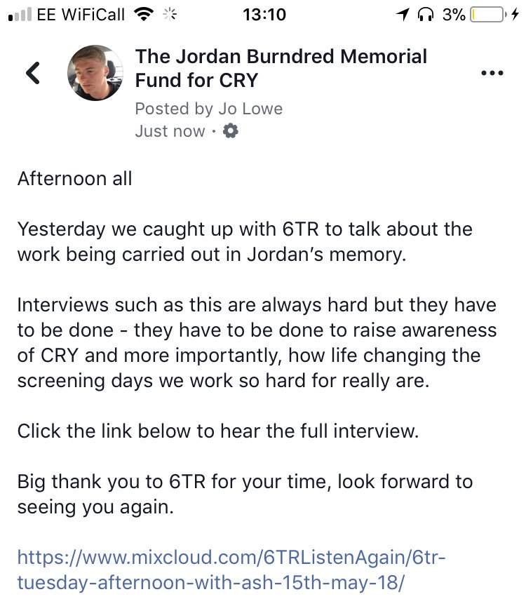 TeamJord's tweet photo. Afternoon folks, Little update on Nicolas interview with @6townsradio in aid of @CRY_UK for #TeamJord click the link to listen https://t.co/r5EZLUXGJz https://t.co/MqVHXbxgot