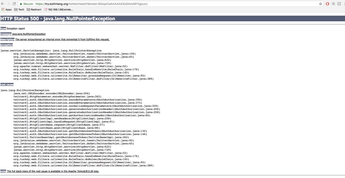TripathiIsha's tweet image. NPE on cancelling the twitter integration for Kotlin Koans. Is this what irony is? #developerlife #Kotlin #NullPointer