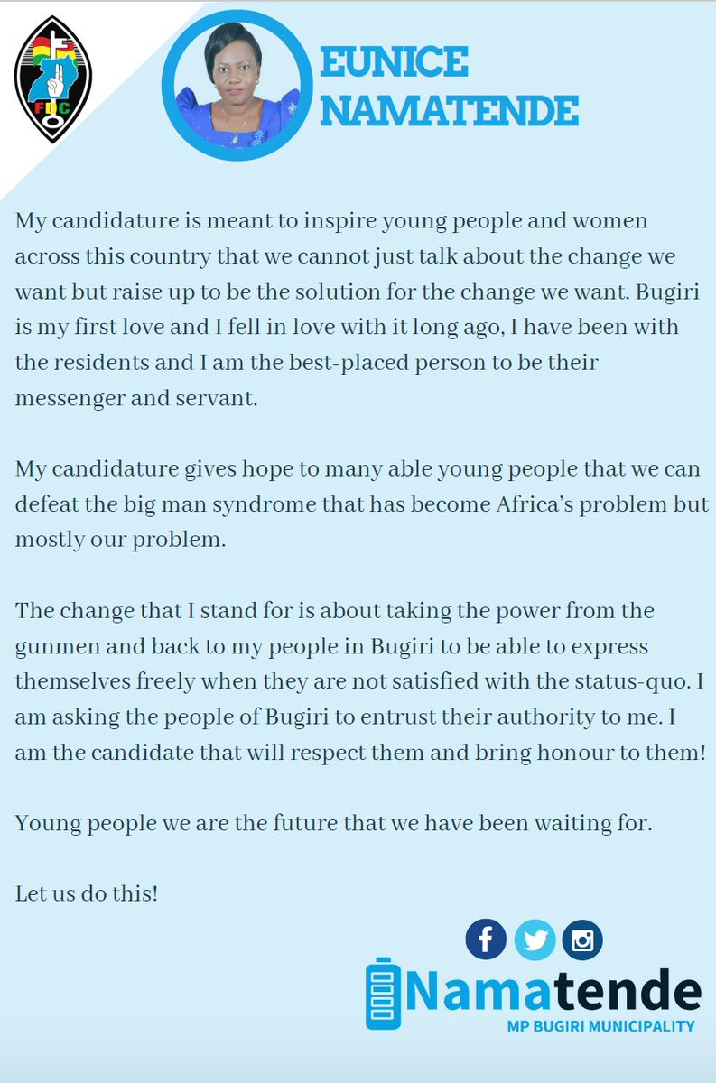 EuniceNamatende's tweet photo. My candidature is meant to inspire young people and women across this country that we cannot just talk about the change we want but raise up to be the solution for the change we want. #VoteFDC #VoteNamatende #BugiriMunicMP https://t.co/Yq3gUTOdnS