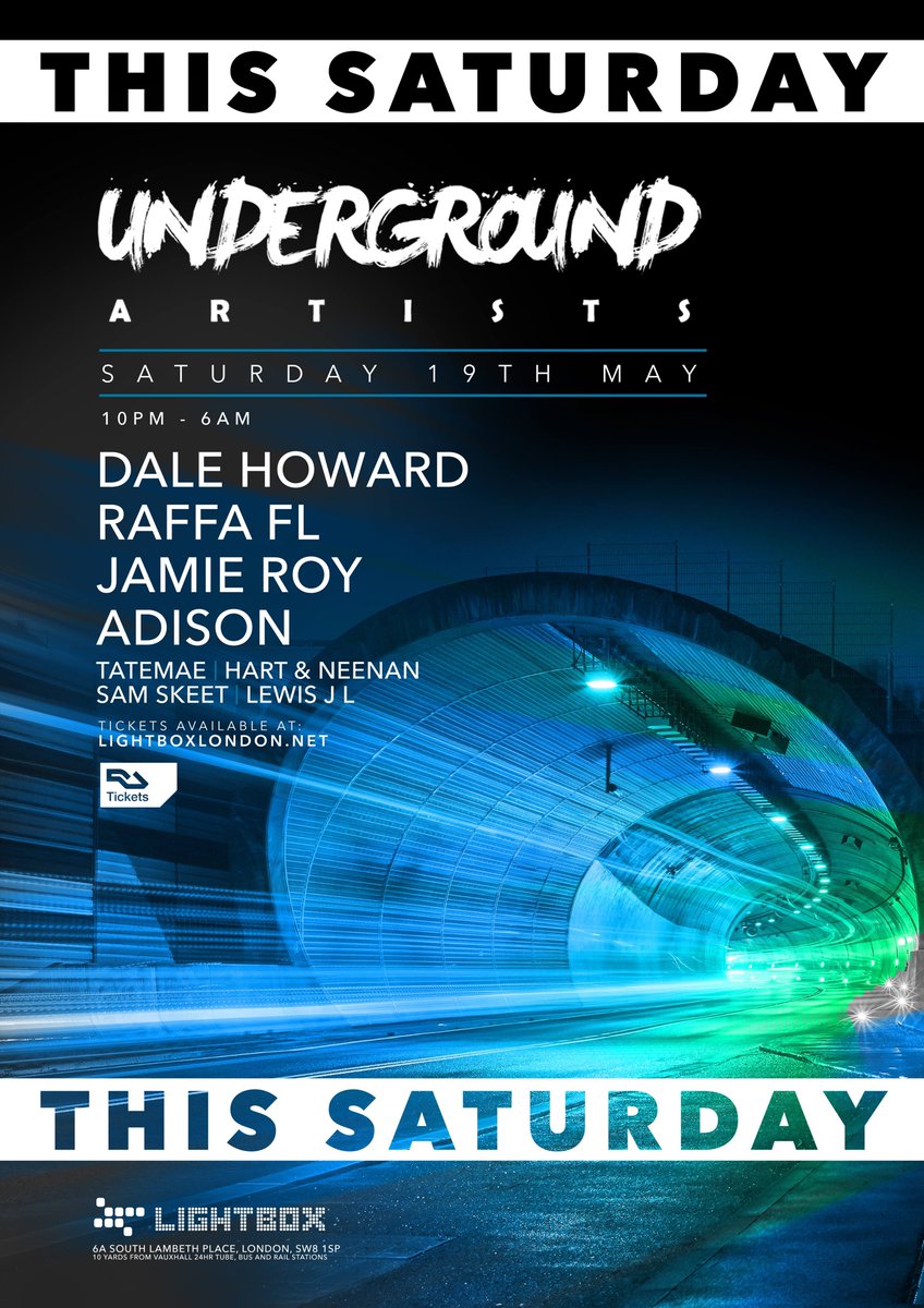 😈 THIS SATURDAY 😈

<a href="/UndrgrndArtists/">Underground Artists</a> are in the house for a very special showcase featuring <a href="/Dale_Howard/">Dale Howard</a> <a href="/raffafl/">.....</a> <a href="/jamieroyuk/">Jamie Roy</a> &amp; more 🔥

Final Tickets - bit.ly/2L1lCbX