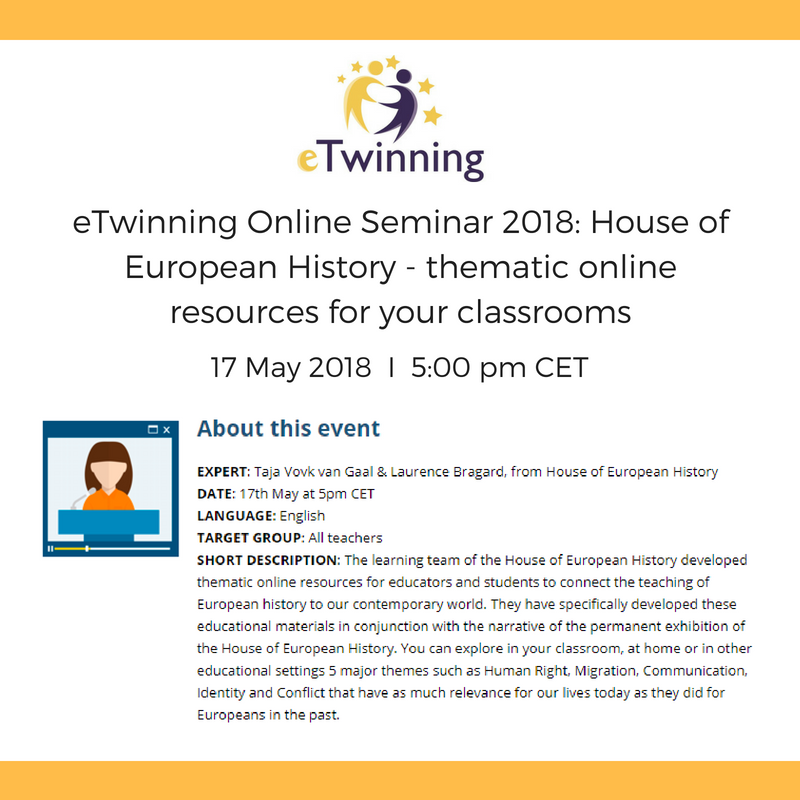 Are you interested in teaching history in your classroom? The do not miss this #eTwinning Online Seminar with House of European History! Join tomorrow at 5 pm CET to learn more about the thematic online resources for educators and students: bit.ly/2Ksjitr