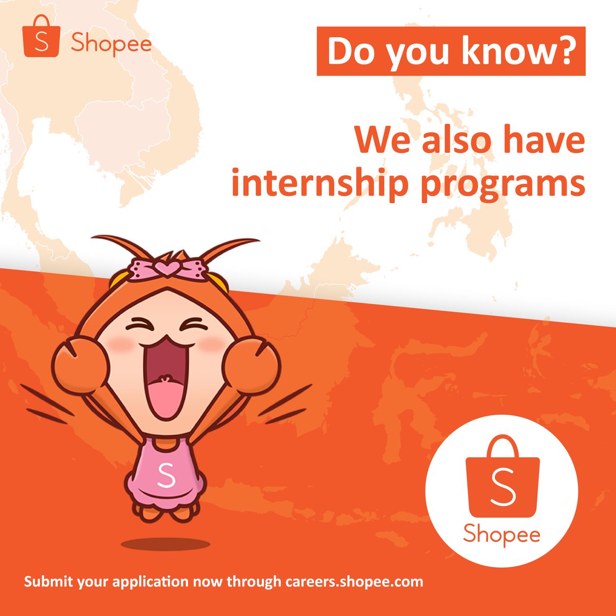 KampusUpdate's tweet image. Do you know?
Shopee also has internship programs for college students and fresh graduates!

Are you interested to join us? Visit our career site at careers.shopee.com for list of available roles and submit your application NOW!

#LifeatShopee