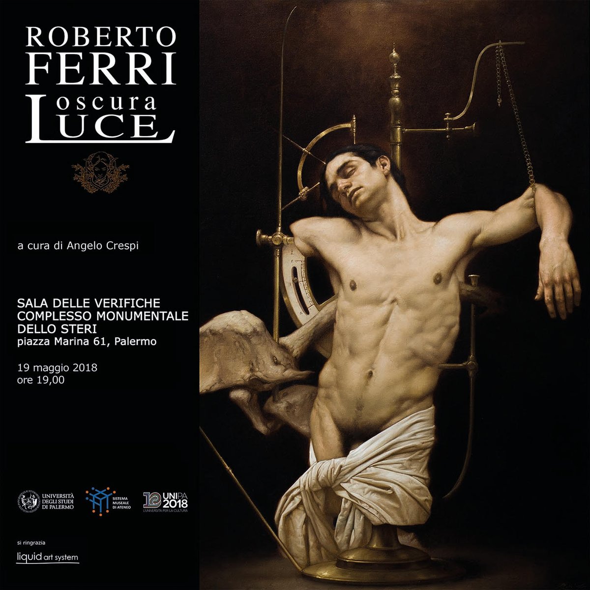 unipa_it's tweet photo. 🎨 "Oscura Luce” di Roberto Ferri in #mostra fino al 9 giugno nella Sala delle Verifiche dello Steri, sede del Rettorato #UniPa
📌 Opening sabato 19/5 h19 piazza Marina 61
ℹ https://t.co/UO9MCq7WRf 
Evento in collaborazione con @musei_unipa e con il sostegno di @LiquidArtSystem https://t.co/15J1fLXm3j