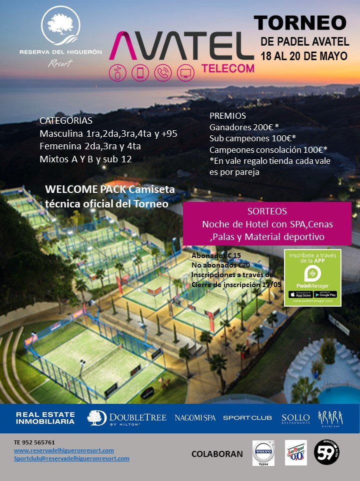 vamospadel's tweet photo. Este fin de semana estaremos en uno de los mejores clubes de España. En @ReservaHigueron en el torneo #AvatelTelecom (@AvatelTelecom)
Inscripciones en @PadelManager
Allí nos vemos!🎾🔝
#vamospadel https://t.co/FcARGARlNz