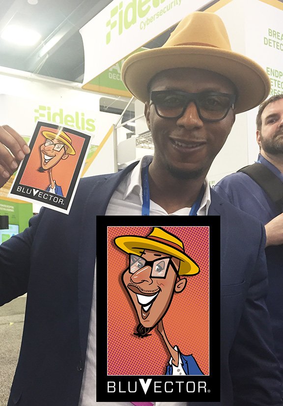 angiejordan's tweet photo. A few "comics" from #RSA at #BluVector booth in San Fran! #LiveDigitalCaricatures for #TradeShow FuN! https://t.co/adDv101Ey4