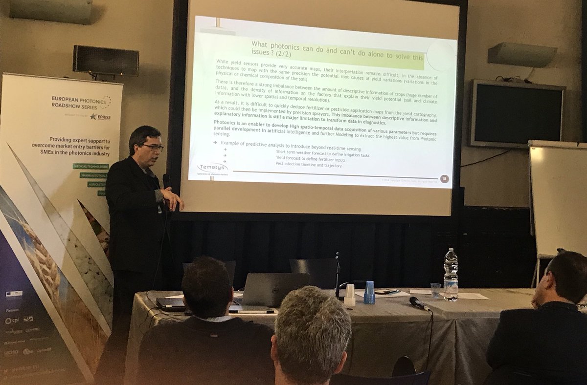 EPRISE_EU's tweet photo. The challenge for modern agriculture is to increase food production by 70% in 30 yrs to cope with increasing global population, whilst reducing impact. Jacques Cochard of #tematys presents solutions #photonics can offer this sustainable #agriculture challenge #PhotonicsRoadshow https://t.co/P6C0nmWuzZ