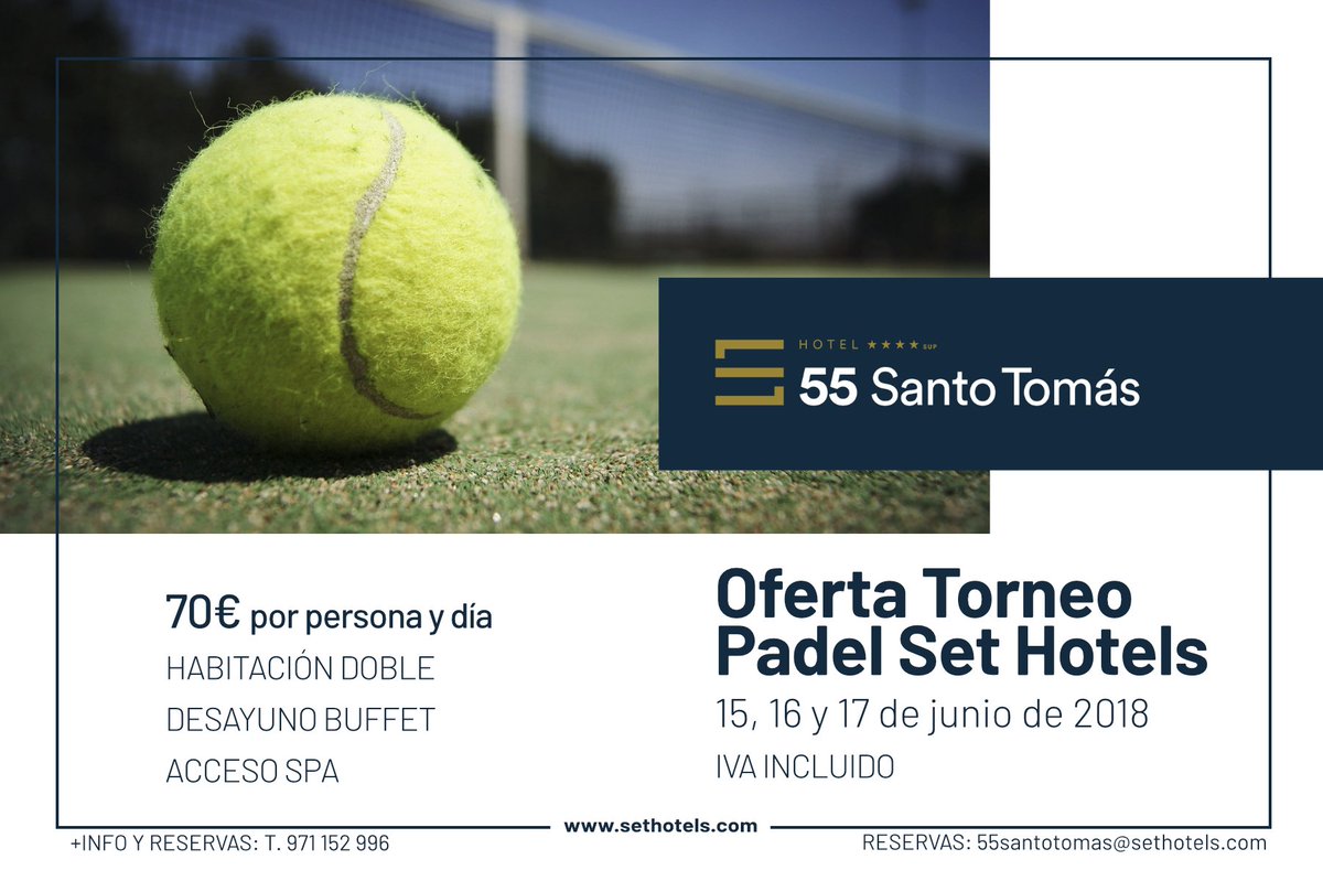 sethotels's tweet photo. Oferta Torneo Padel Set Hotels. Fin de semana del 15 al 17 de junio. 
En nuestro #Hotel55 ¡Reserva ya!
☎️ T. 971 152 996
📧 reservas@sethotels.com
#sethotels #sethmoments #menorca #vacaciones #padel #break https://t.co/oY3Gwvbdoe