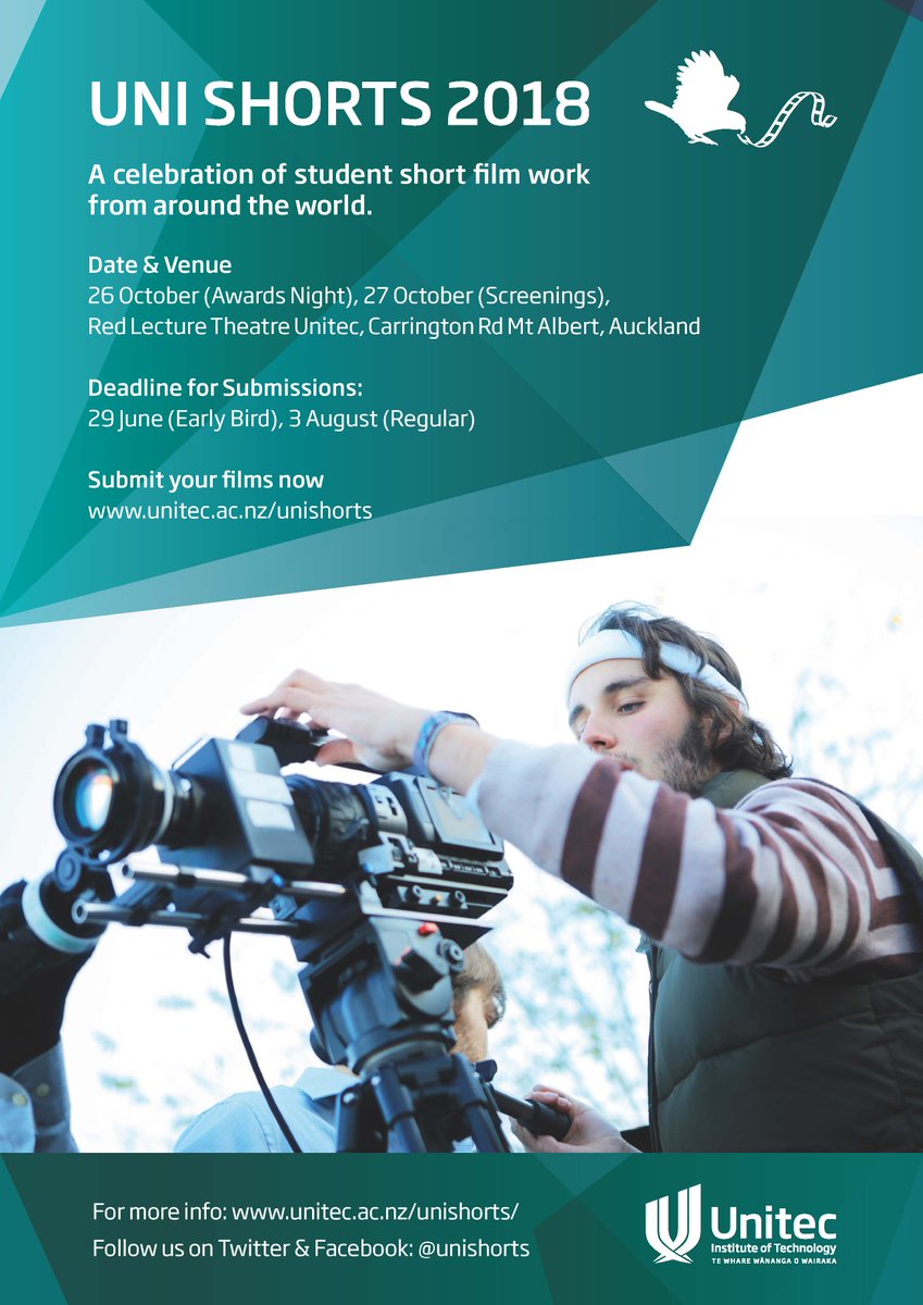 UniShorts's tweet photo. Student filmmakers are invited to submit their short films for @UniShorts 2018. Early bird entry until 29 June. This year’s festival will again be held at @UnitecNZ in Auckland, NZ on 26-27 October 2018. Submit your film now at https://t.co/t5WXJe4Xkz #UnitecNZ #unishorts https://t.co/FTlHb9qm50