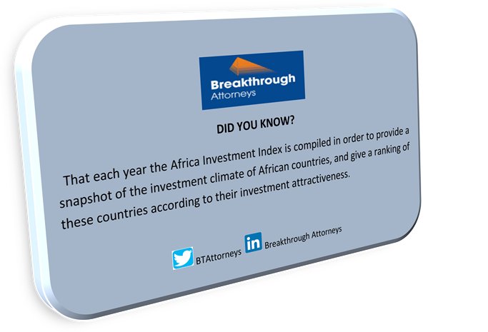 BTAttorneys's tweet photo. Did you know that the Africa Investment Index is compiled annually to provide a snapshot of the investment climate of African countries. The Index for 2018 has been released and Tanzania is ranked 13 out of the 54 African countries.
#WednesdayUpdates
#BreakthroughAttorneysUpdates https://t.co/fRukneYdf8