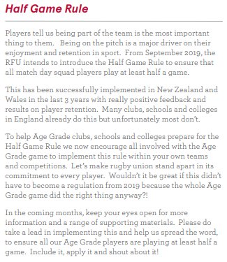 🗓️From Sep 2019 the RFU intend to introduce the Half Game Rule to ensure all #AgeGradeRugby match day squad players play at least 1/2 a game

🏉Let’s make rugby union stand apart in its commitment to every player

🔗bit.ly/2jZFekw

🔁RT if you'll be doing it in 2018/19