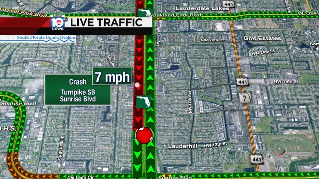 Crash on Turnpike SB approaching Sunrise Blvd #traffic https://t.co/fzJ4TNCrDE