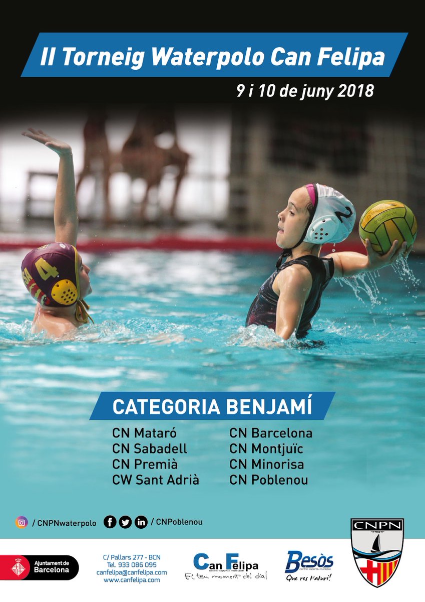 Menys d’un mes pel 2n #torneigcanfelipa de #waterpolo benjamí! 💦 9 i 10 de juny tindrem el futur d’aquest esport al #poblenou 🤽‍♀️🤽‍♂️ Enguany hi participen: <a href="/CNatacioPremia/">Club Natació Premià</a>, <a href="/CNBARCELONA/">CNBARCELONA</a>, <a href="/WaterpolStAdria/">Waterpolo Sant Adria</a>, <a href="/WPMataro/">Waterpolo Mataró</a>, <a href="/CNSabadell/">Sabadell Cn</a>, @CNMinorisa, @cnmontjuic_ofi i #cnpoblenou