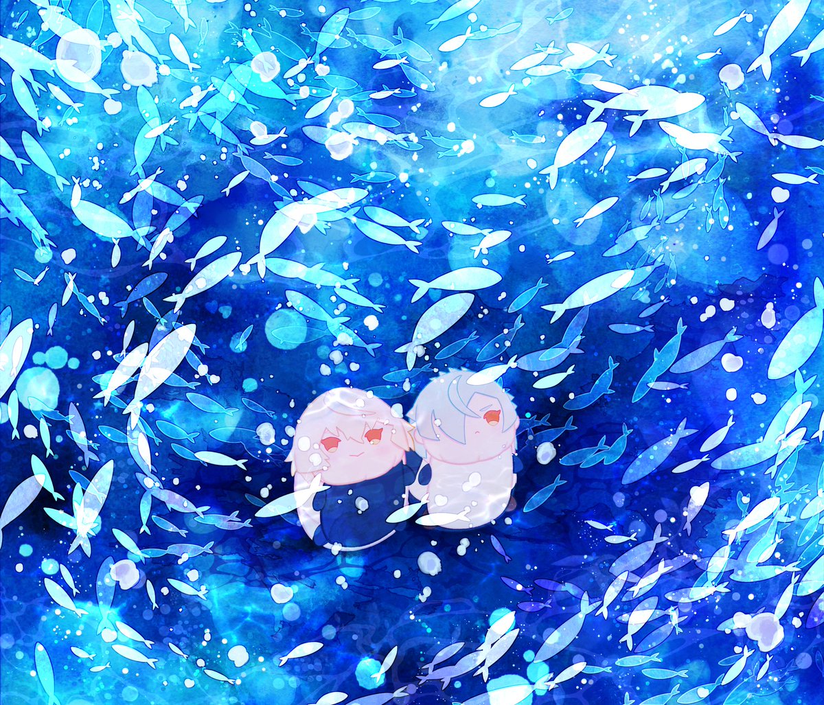red eyes fish white hair smile underwater hair over one eye chibi  illustration images