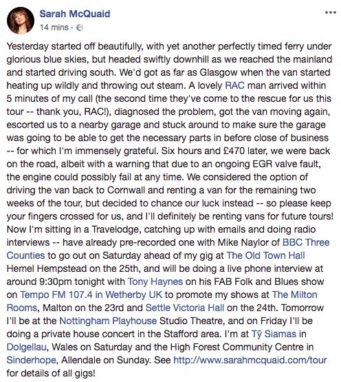 sarahmcquaid's tweet photo. @TheRAC_UK to the rescue yet again! Ongoing #van issues but hope it'll finish the #tour. @NottmPlayhouse #Nottingham tomorrow, @TySiamas #Dolgellau Sat, #HighForest Community Centre @phil_ogg #Sinderhope #Allendale Sun, @TheMiltonRooms #Malton next Weds! https://t.co/RhQQizHBy1 https://t.co/uIqJ2VHeM7