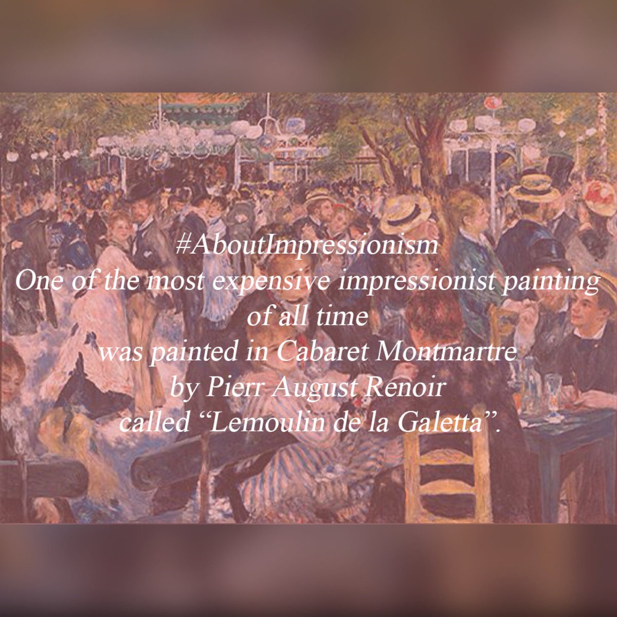 theartholiday's tweet photo. #AboutImpressionism 
One of the most expensive impressionist painting of all time was painted in Cabaret Montmartre by Pierr August Renoir called “Lemoulin de la Galetta”.
#TAHC #Impressinists #artforall #weekend #activity #loveforart #learntopaint
Image credit: LAROUSSE https://t.co/ML4FMDIlOQ