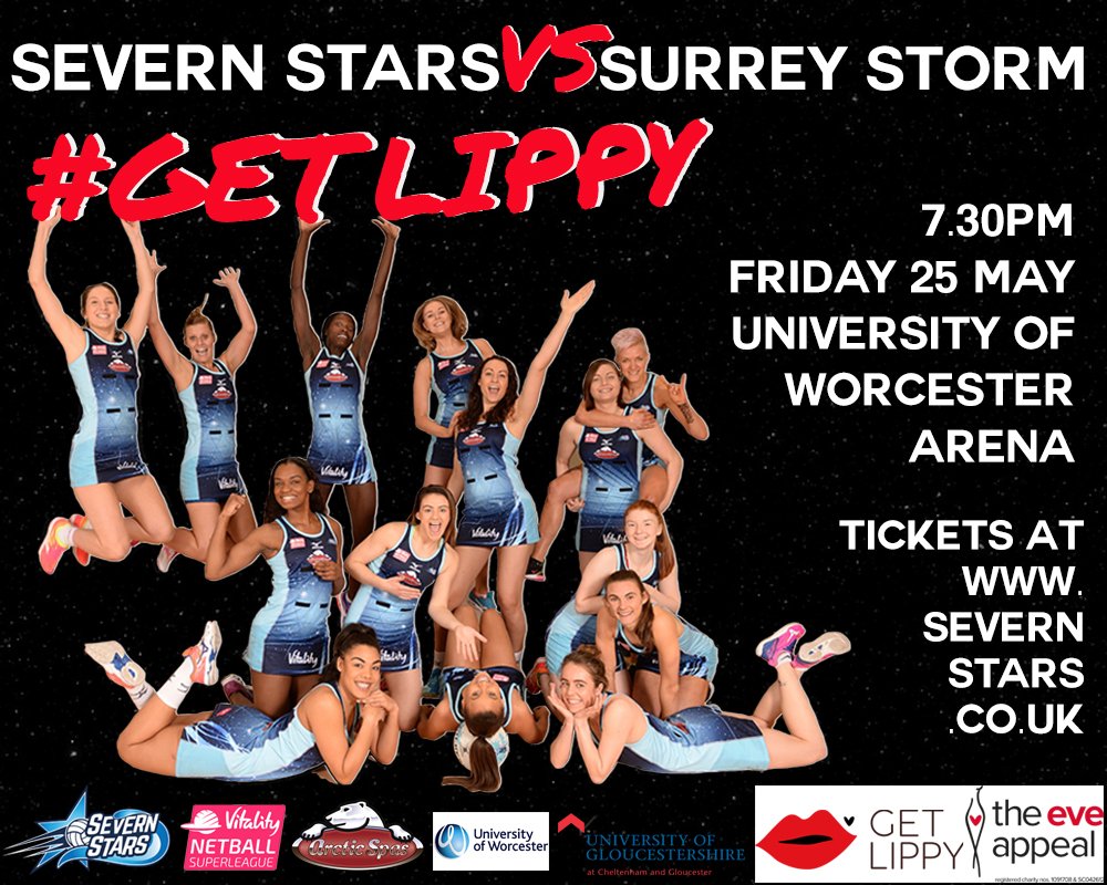 SevernStars's tweet photo. We will be supporting #GetLippy in aid of @eveappeal at our Stars v @SurreyStorm game on Friday 25 May!

We will be organising a number of fun activities for all so get your tickets now at 🎟️ https://t.co/u3yjoEkMUs

You also can text LIPPY to 70660 to donate £3 right now 🌠 https://t.co/nJdYJr0Zdd