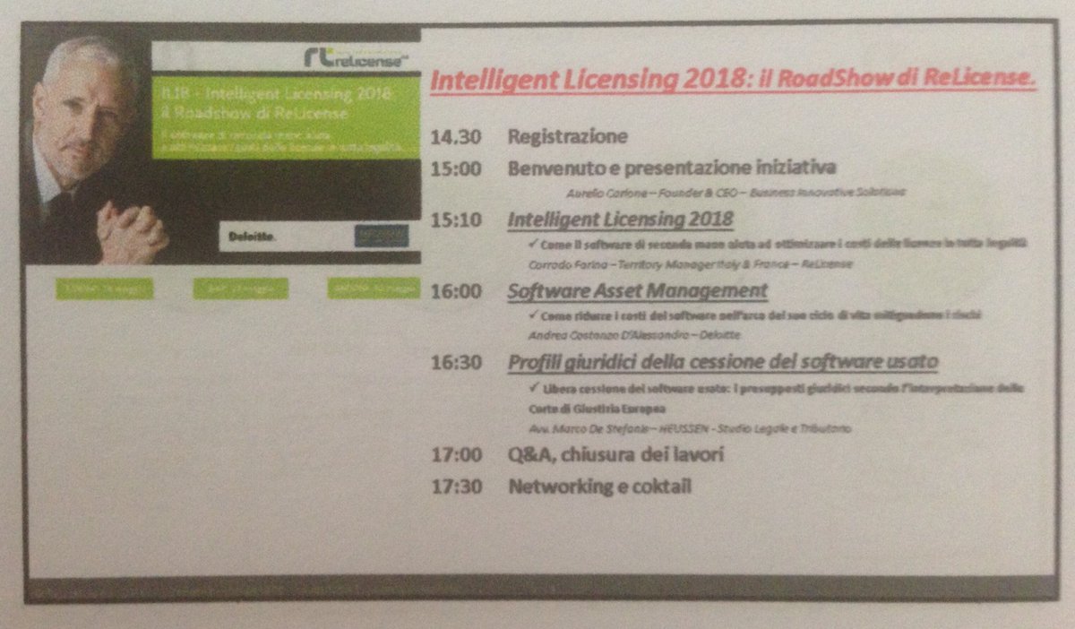 ReLicenseItalia's tweet photo. #IL18 #IntelligentLicensing2018 il #RoadShow di #ReLicense una bella #agenda #Torino #CorradoFarina #softwareusato #softwaredisecondamano https://t.co/8rPrO7UjAT