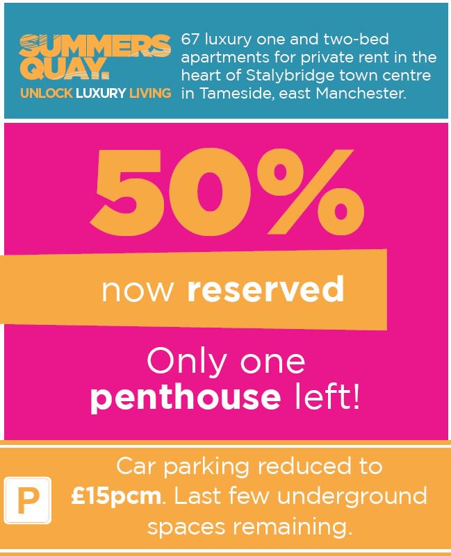 Hurry! 50% of apartments are now reserved. Book a viewing with Taylor &amp; Wood on 07483 167 800. Car parking now REDUCED to £15pcm &amp; ONLY ONE PENTHOUSE LEFT. summersquay.co.uk #privaterent #stalybridge Take a virtual tour here goo.gl/ygkVSY