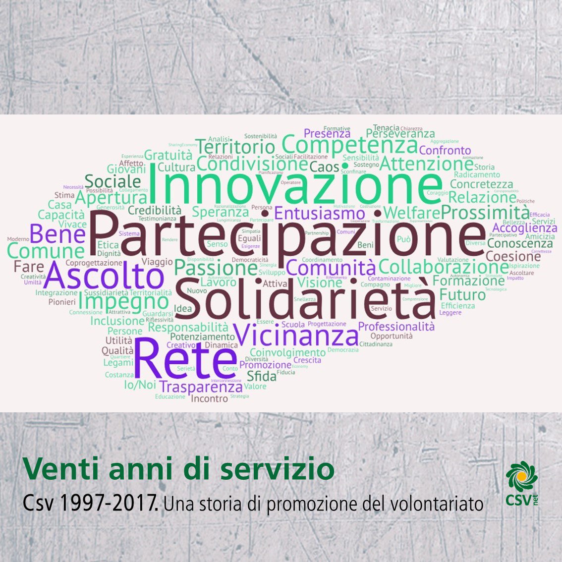 CSVnet's tweet photo. #20anniCSV Ecco alcune delle parole indicate dai responsabili dei 69 Csv per raccontare questi primi 20 anni di servizio. Il #18maggio alla Camera dei Deputati presentiamo il reportage. È possibile seguire l’evento in diretta su facebook e sul sito https://t.co/7j2J8ISLGv https://t.co/IT2j0duwZy