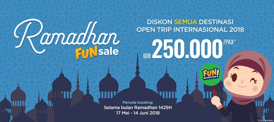 alexjourneys_'s tweet image. Berkah #Ramadan &amp;gt; Diskon RP 250.000 semua destinasi Open Trip Asia di @FunAdventure_.

Info &amp;amp; booking: fun-adventure.com/promo/ramadhan