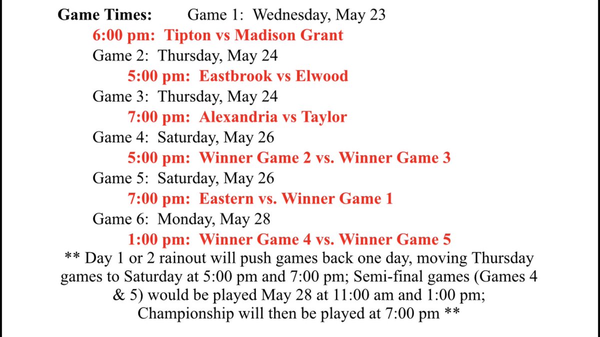 EHSbaseballHC's tweet photo. Eastbrook Baseball Sectional Schedule at Highland Park in Kokomo. @EHS_Panthers https://t.co/Mc3hcjDMDa