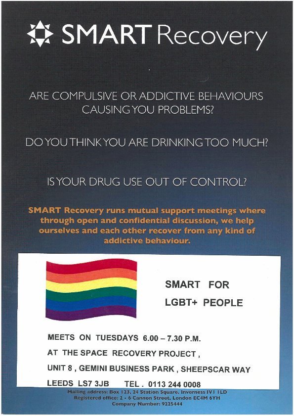 leeds_Space's tweet photo. SMART Recovery at The Space

LGBT+

Tuesday 6.00 to 7.30 https://t.co/okhu5rTsYr