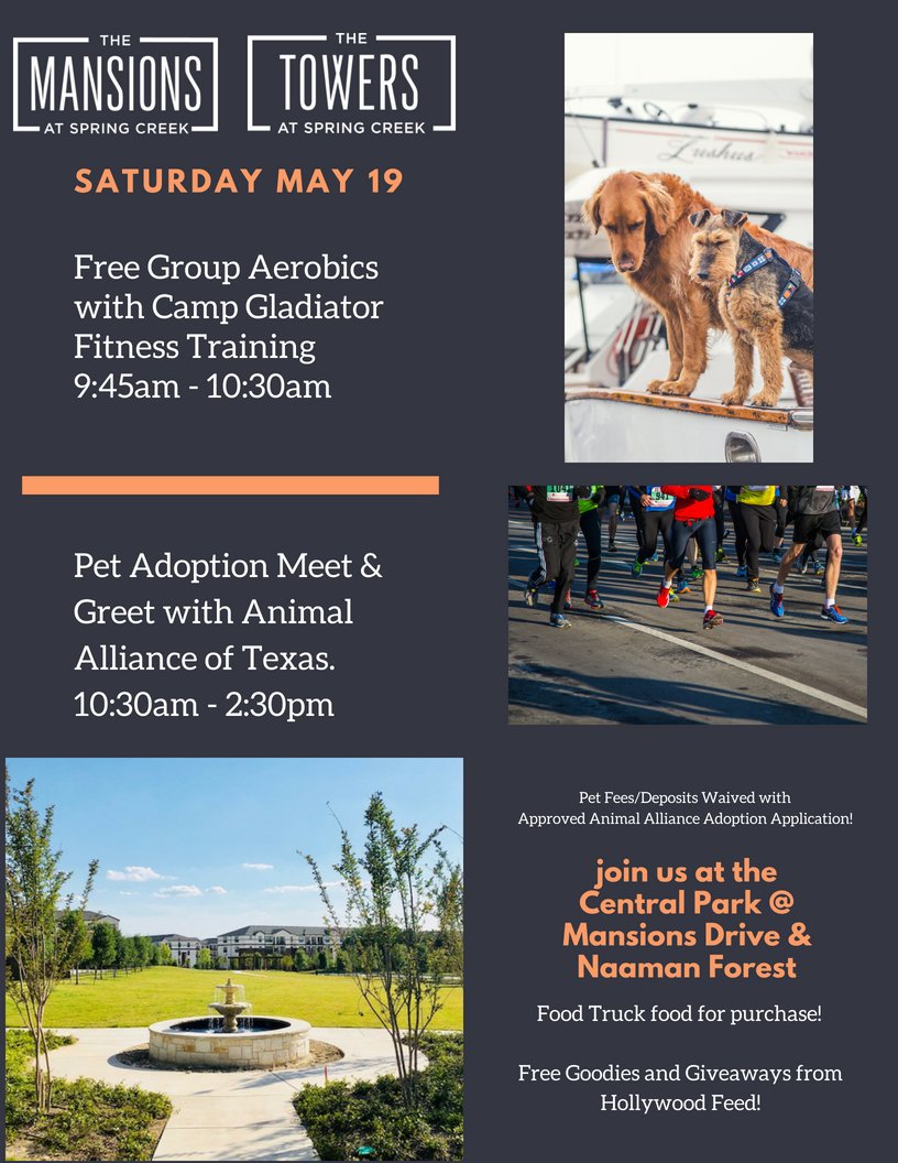 Pet Adoption Meet and Greet at The Mansions at Spring Creek and The Towers at Spring Creek on Saturday, May 19th from 10:30 am to 2:30 pm. #mansionsspringcreek #towersspringcreek #livew3 #lovew3 #animalalliance