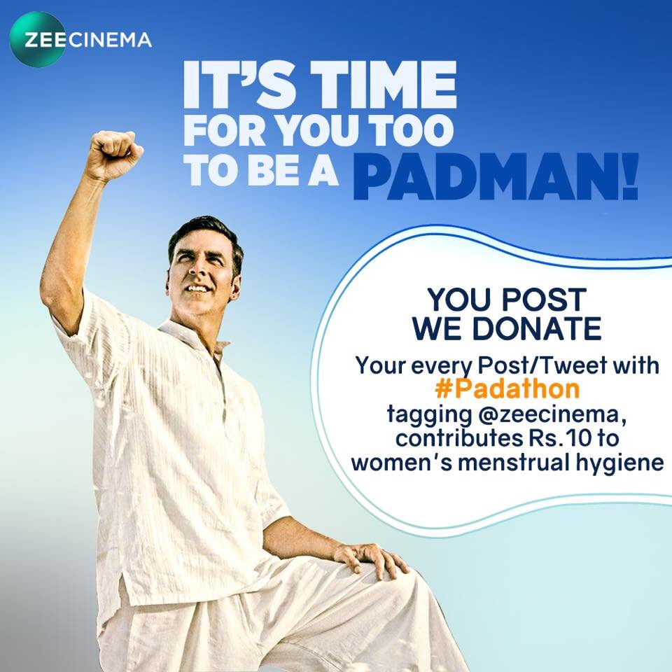 karan009wahi's tweet photo. Here's @zeecinema's latest initiative wherein for your every post/tweet using #Padathon tagging @zeecinema, they will donate Rs.10 to the cause of women’s menstrual hygiene. It's time for you too to be a PADMAN! https://t.co/eHhyo0UiQf