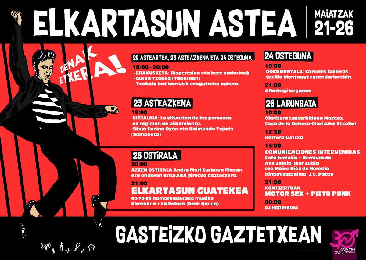 Datorren astean (maiatzaren 21etik 26ra) gaztetxean  #ElkartasunAstea #GasteizkoGaztetxea #30urte #GoraPrudentzi #MuinokoEtxea