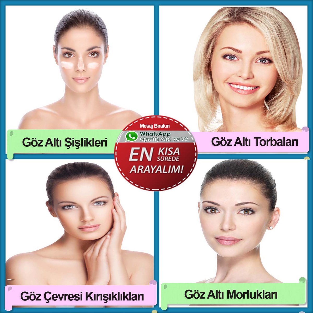 Göz çevrenizde oluşabilecek, zamanın tüm olumsuz etkilerine karşı, kısa sürede değişimi fark edebileceğiniz uygulamalarımız için, WhatsApp 0(538) 935 70 72 hattımıza mesaj bırakın sizi arayalım. aydinklinik.com