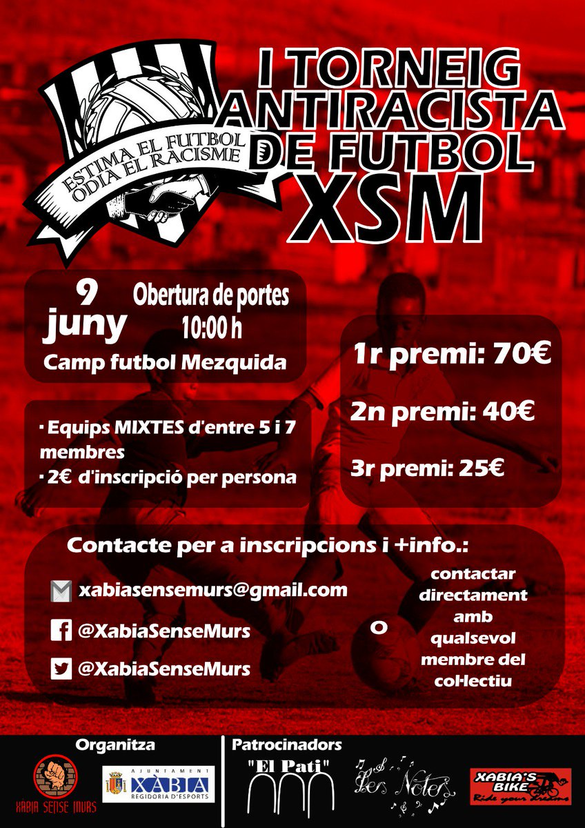 XabiaSenseMurs's tweet photo. També recordar que el día 9 de Juny tenim preparat un super torneig antirracista, amb sucoses sorpreses i regals per als participants. Será a la Mezquida, sols teniu que trobar a 4 companyes més que vuiguen jugar. https://t.co/pSTjRvpW77