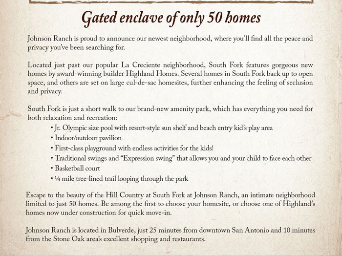 Enjoy the Hill Country life in #JohnsonRanchTX! Located north on HWY-281 and offers #TXhillcountry living while being conveniently located near city amenities. We just opened our newest neighborhood, South Fork, where #HighlandHomes is building just 50 of their homes!
