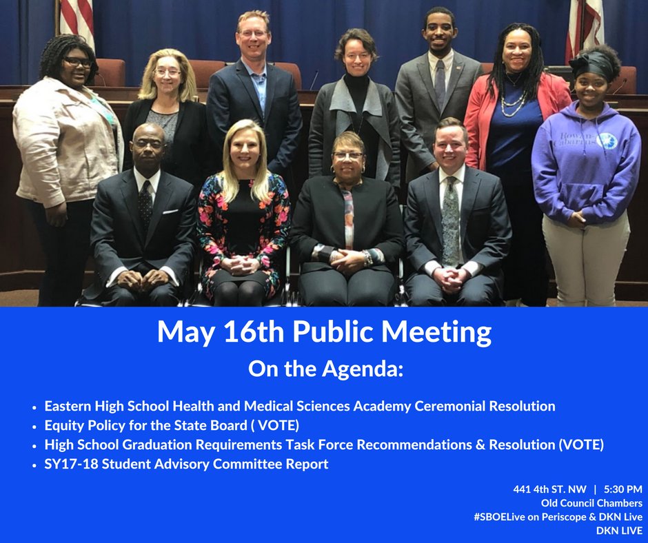 DCSBOE's tweet photo. At our public meeting tonight, we honor @EasternHMSA, vote on #DCGradReqs report & hear from our Student Representatives!
➡️ Read meeting documents here: https://t.co/6yUfycAjfZ
➡️ Watch #SBOELive on #Periscope | 5:30PM https://t.co/VGg4KJppPe