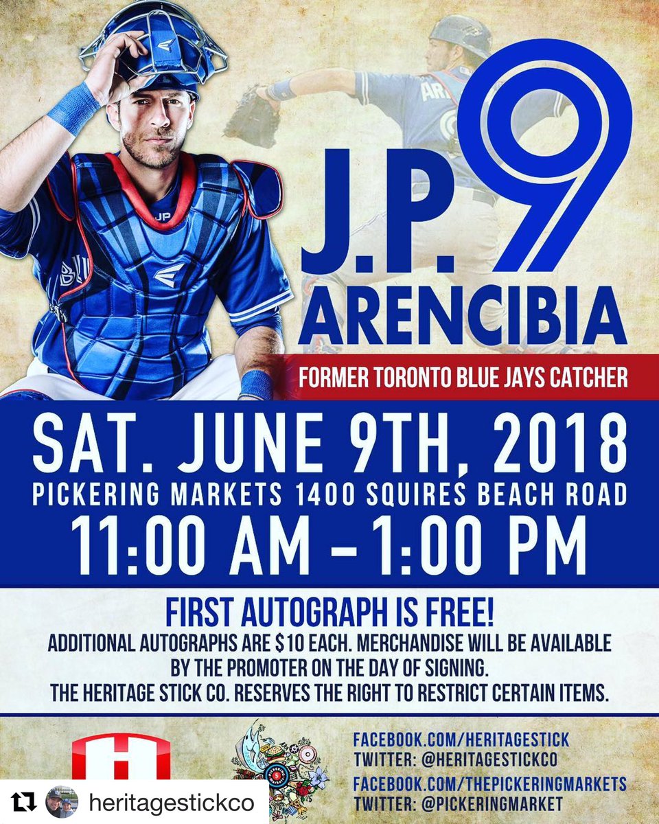 pickeringmarket's tweet photo. Don't forget on Saturday, June 9th, 2018 J.P. ARENCIBIA will be at The Pickering Markets from 11am to 1pm!
ARE YOU READY?! #ThePickeringMarkets #pickeringmarkets #jparencibia #bluejays #toronto @HeritageStickCo https://t.co/4YpIzXuJNd