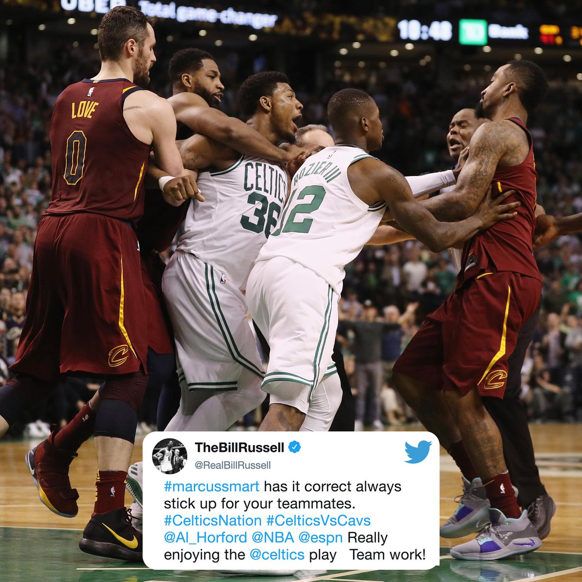 espn's tweet photo. Bill Russell approves of Marcus Smart sticking up for Al Horford. https://t.co/BAg3AGVGXH