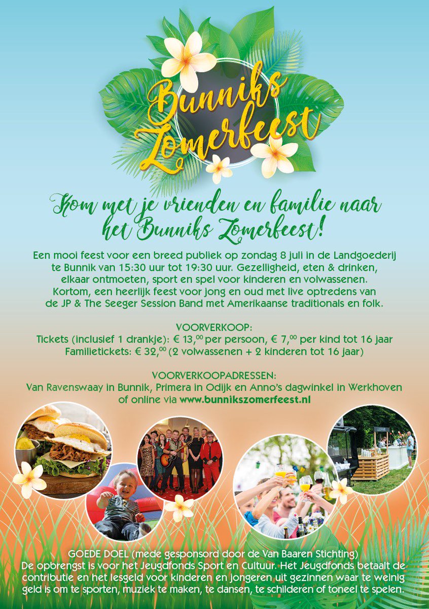 Op 8 juli organiseert <a href="/RCBunnik/">Rotary Club Bunnik</a> een fantastisch Bunnik's Zomerfeest voor jong en oud, met als goede doel het @JFSUtrecht en <a href="/JFCUtrecht/">Jeugdfonds Cultuur Ut</a> voor kinderen in <a href="/gembunnik/">Gemeente Bunnik</a>. Iedereen welkom! Zie de flyer voor meer informatie en koop snel je tickets! #allekinderendoenmee
