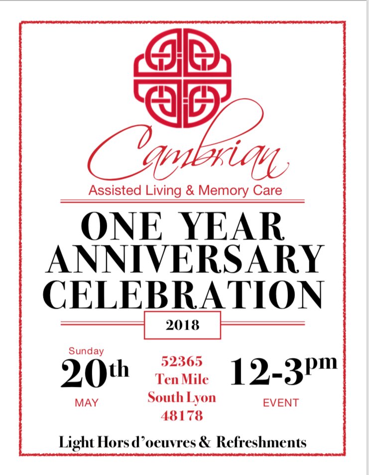 CambrianSenior's tweet photo. We are celebrating our One Year Anniversary this Sunday! Please come out and celebrate with us 12-3pm. We look forward to seeing you all ❤️
#cambrianseniorliving #seniorliving #assistedliving #memorycare #lyontownship #southlyon #community #michigan https://t.co/0ZvtnEmQZ5