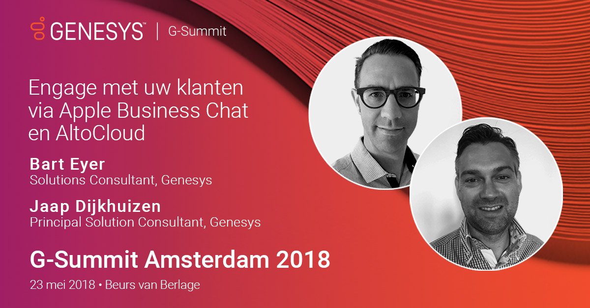 GenesysBenelux's tweet photo. Een inspirerende bijdrage van Bart Eyer, Solutions Consultant van Genesys en Jaap Dijkhuizen, Principal Solution Consultant van Genesys. Wilt u ook u klanten betrekken met #AppleBusinessChat en #AltoCloud?
Kom dan ook: https://t.co/4tTn0P0R6B https://t.co/8d5SztVyej
