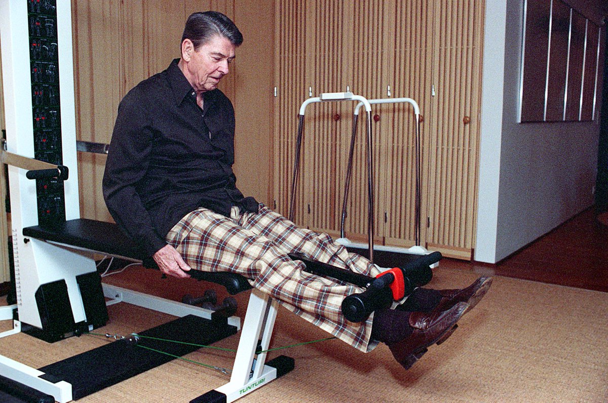 RonaldReagan's tweet photo. Who said plaid pants were just for golfing? #WorkoutWednesday #DoNotSkipLegDay #RonaldReagan https://t.co/5g9t2Arco4