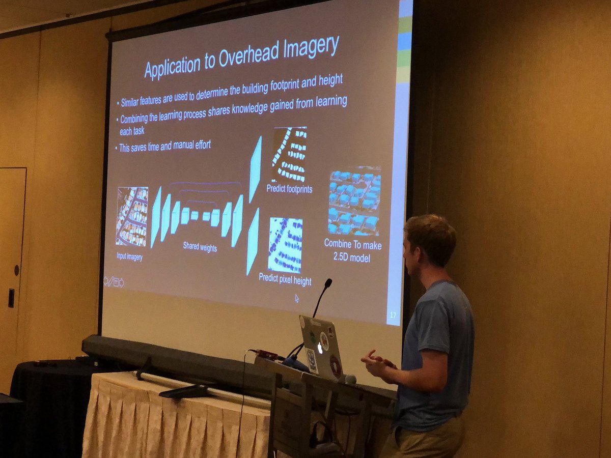Data scientist, Eric Culbertson, speaking on Using Deep Learning to Derive 3D cities from Satellite Imagery. #FOSS4GNA #DeepLearning