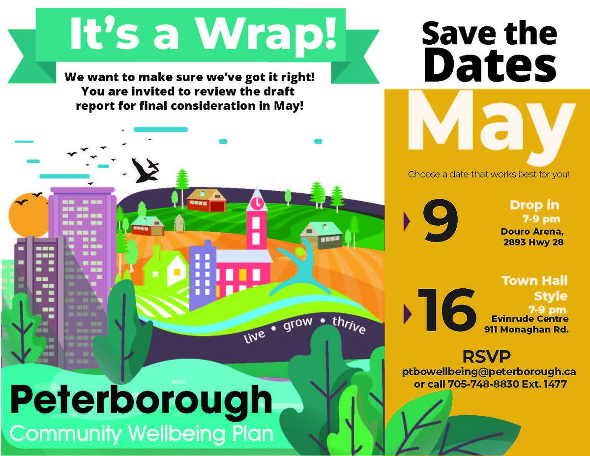 CityPtbo_'s tweet photo. It's a wrap tonight 7p.m. to 9p.m.! #ptbowellbeing invites you to review the draft Community Wellbeing Plan May 16, 7-9pm at Evinrude Centre @PtboCounty @Douro_Dummer @SelwynTownship @NorwoodAsphodel @TrentLakesOnt @NorthKawartha @HBMtwp @CurveLakeFN https://t.co/r3GGc8xxoB