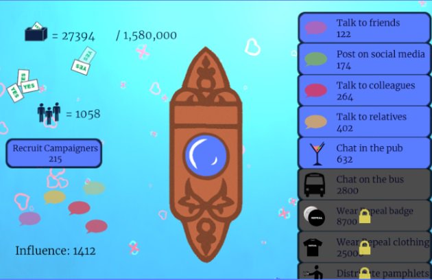 JenuinePanic's tweet photo. Our game for #RepealJam is finally finished! Repeal clicker is a short game encouraging people to keep active in the last days of the campaign as every interaction counts! https://t.co/jvQTQpeVKT
#repealthe8th #Together4Yes #TogetherForYes https://t.co/UgDs5HmFd4