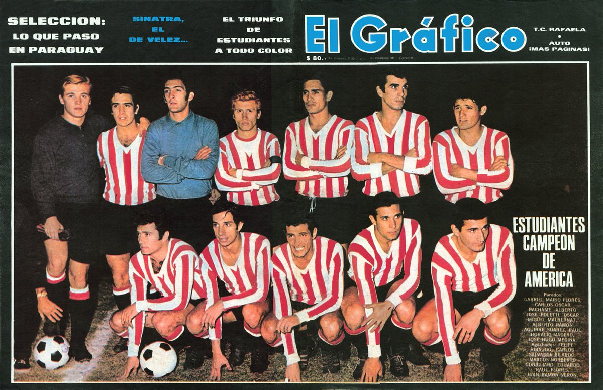 RafaLabourdette's tweet photo. #Hoy | Se cumplen 50 años de la primera Libertadores #pincharrata vs. #Palmeiras en el Centenario | G. Flores Pachamé Poletti Malbernat, A. Suárez Madero Medina; abajo: Ribaudo @DoctorBilardo Conigliaro E. Flores y #Verón | ¡Salud, #Campeones! 

#Estudiantes
#CopaLibertadores https://t.co/yXUPLSgiwy