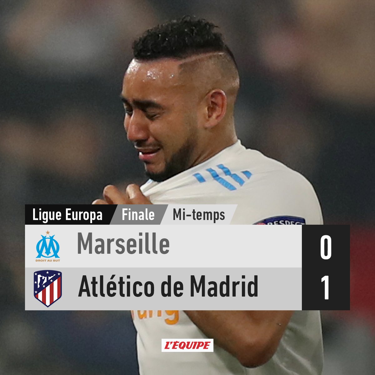 lequipe's tweet photo. L'OM est mené 1-0 à la pause par l'Atlético de Madrid en finale de la Ligue Europa.

Payet sort en larmes : https://t.co/wlWcSymz4p 
Le match en direct : https://t.co/AwEwIzHgsS https://t.co/4TnLZsrXbe