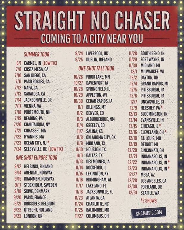 SNCmusic's tweet image. Have you gotten your tickets to The #OneShotTour yet? Great seats are still available for over 60 dates throughout the US and Europe and we can’t wait to see you! sncmusic.com/tour #StraightNoChaser