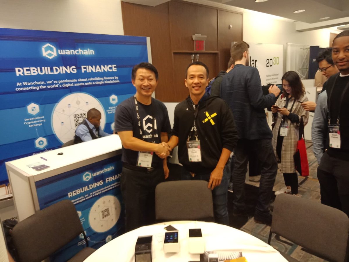 PundiXLabs's tweet photo. We are delighted to announce a partnership with @wanchain_org. @zibin had a productive meeting with Jack at #Consensus2018 this morning and showed him the new XPOS device. We look forward to announcing some details in the near future. https://t.co/9C3eQLCaYc